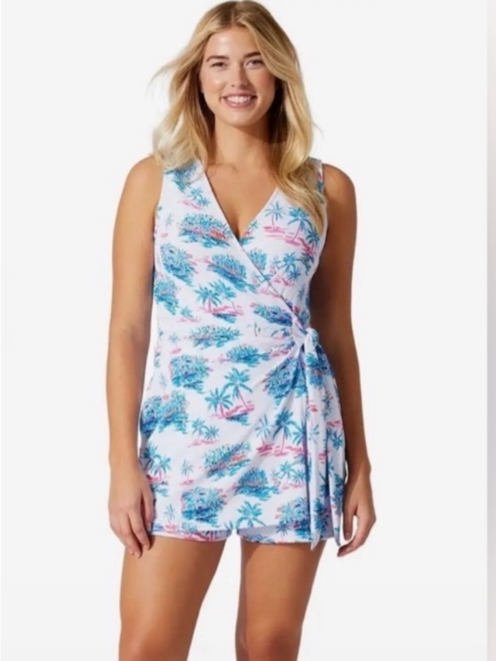 Women’s Tropical Tie-Front Romper- White with Teal & Pink Print